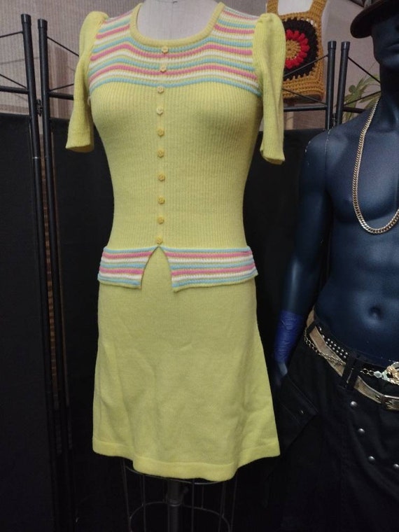 Bright Yellow sweater Dress Pastel Stripes Knitted
