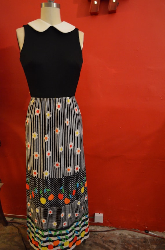 1970s,Spring,Floral Maxi Dress,Sleeveless,Collared