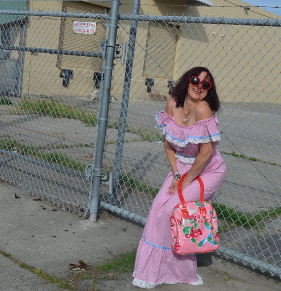 Boho 70s Maxi Dress Summer dress,Pink White Lace,… - image 2