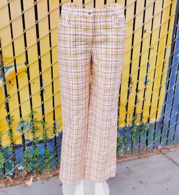 70s plaid pants yellow brown orange white Sears R… - image 1