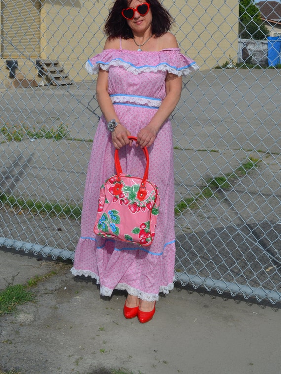 Boho 70s Maxi Dress Summer dress,Pink White Lace,… - image 10