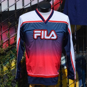 vintage fila Italia jersey 90s hip hop style long sleeve soccer sportswear mens athletic Fila shirt made in Taiwan ROC Size 16,18 casual