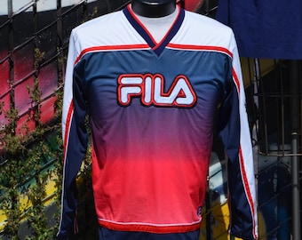 vintage fila Italia jersey 90s estilo hip hop manga larga fútbol ropa deportiva hombre atlético Fila camisa hecha en Taiwán ROC Tamaño 16,18 casual