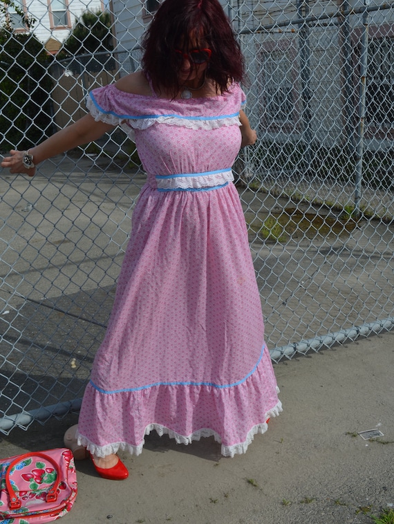 Boho 70s Maxi Dress Summer dress,Pink White Lace,… - image 1