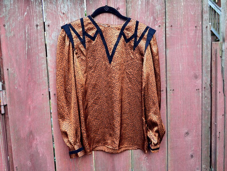 May include: A brown and black leopard print blouse with black trim around the neckline and shoulders. The blouse has long sleeves and a V-neck.