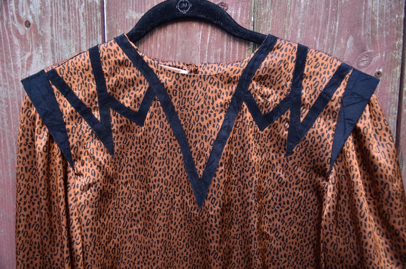 May include: A brown and black leopard print blouse with black trim around the neckline and shoulders. The blouse has a V-neckline and long sleeves.