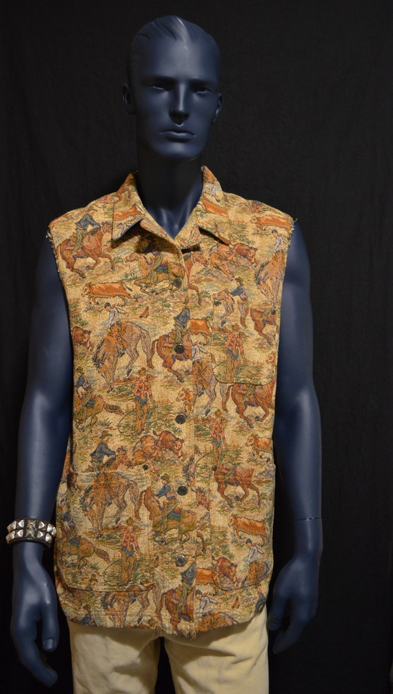 Cowboy Vintage tapestry vest bucking bronco bull r