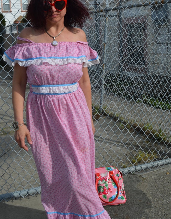 Boho 70s Maxi Dress Summer dress,Pink White Lace,… - image 8