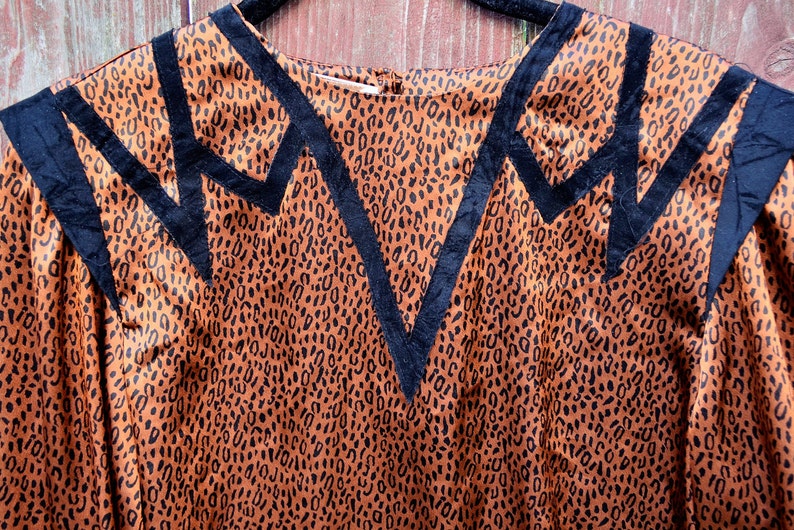 May include: A brown and black leopard print blouse with black velvet trim around the neckline.