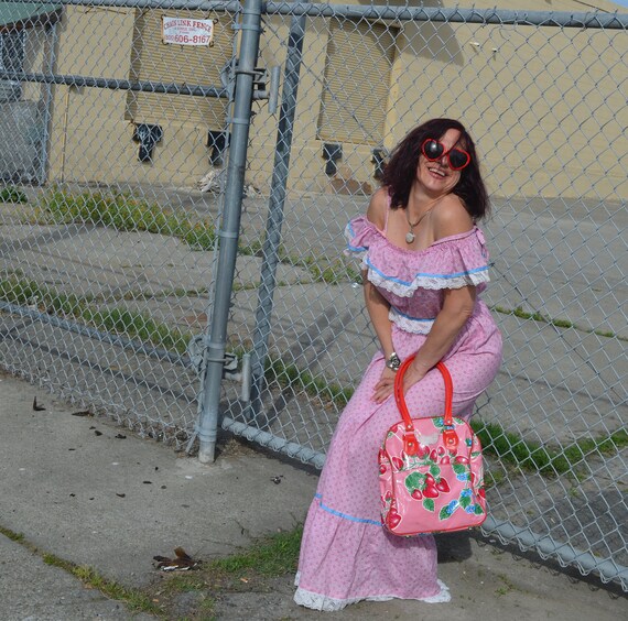 Boho 70s Maxi Dress Summer dress,Pink White Lace,… - image 4