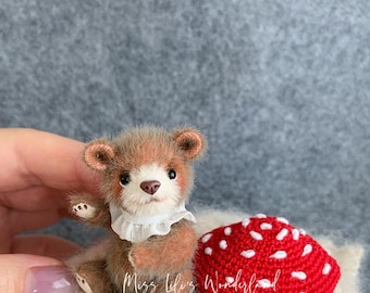 Sur commande, poupée artistique miniature « Cappy » ours champignon cousue main, 6 cm, objet de collection