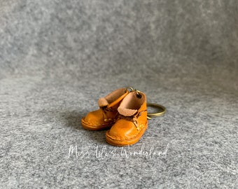 Real leather keychain, Retro style keychain, Miniature leather boots, Yellow leather ankle boots keychain