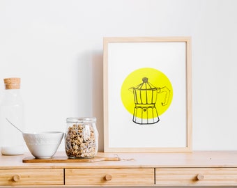 Impression Riso d’une illustration de percolateur à café, cadeau d’art pour barista, cafetière bialetti pour elle, dessin sur le mur, cadeaux d’anniversaire