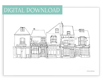 Whitstable digital print, Kent houses illustration, printable drawing, landmarks of England artwork, travel gift for her, historic wall art