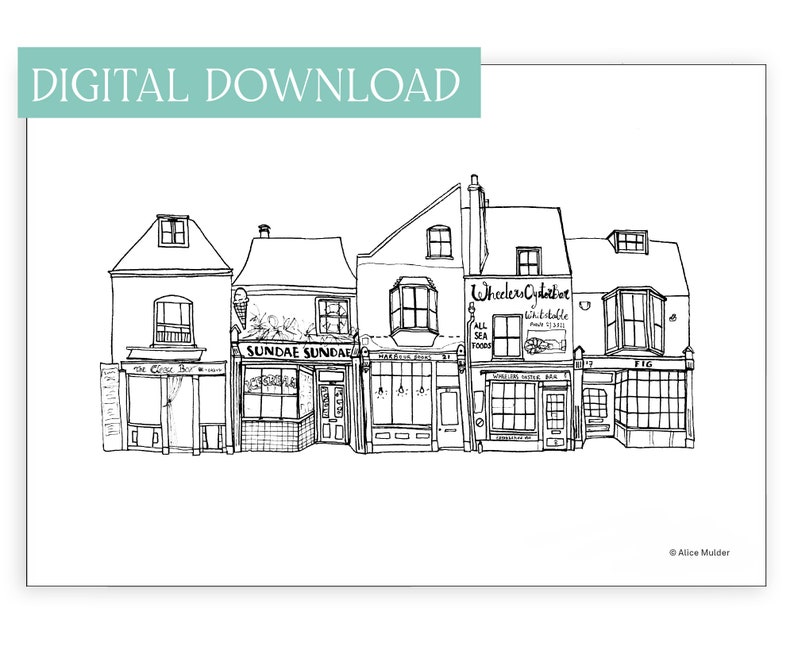 Whitstable digital print, Kent houses illustration, printable drawing, landmarks of England artwork, travel gift for her, historic wall art image 1