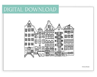 Digital download Print of canal houses in Amsterdam drawing, printable gift for her canals illustration, kids room decor black and white art