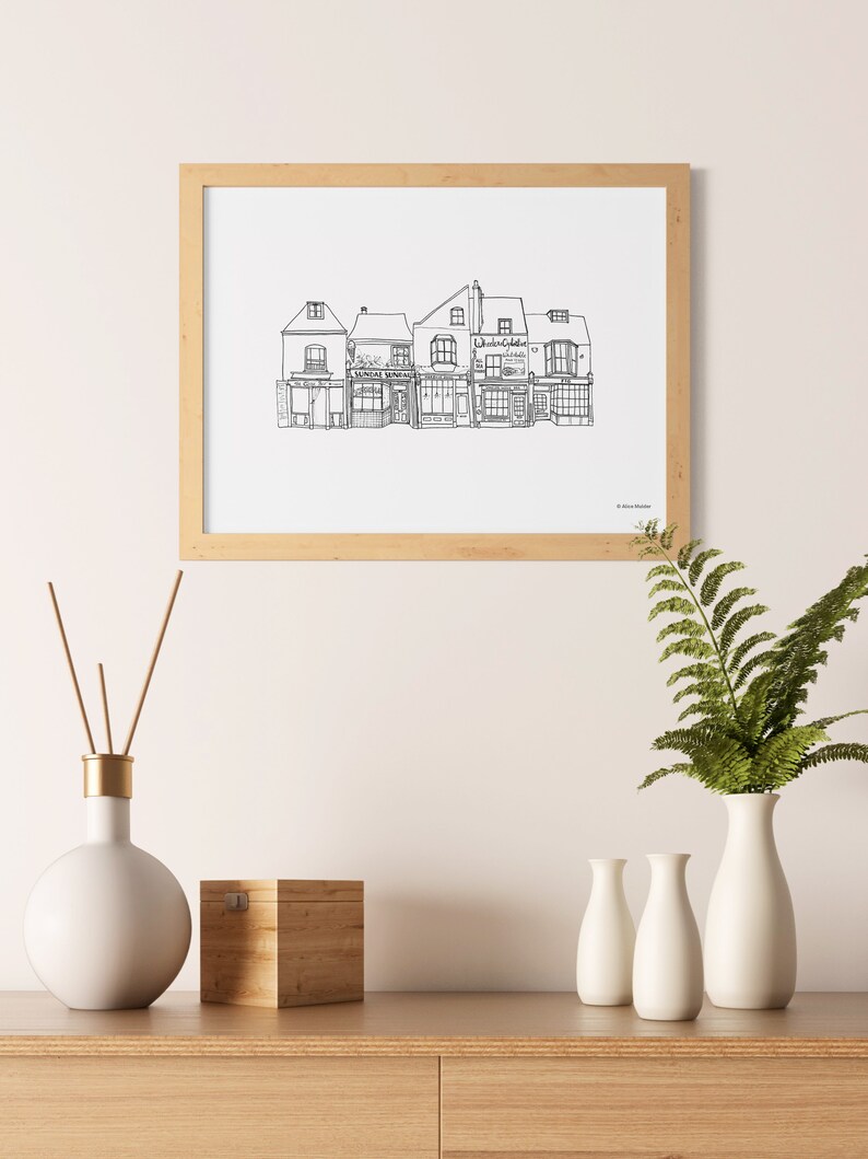 Whitstable digital print, Kent houses illustration, printable drawing, landmarks of England artwork, travel gift for her, historic wall art image 2