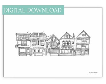 Canterbury digital print, Kent houses illustration, printable black and white line drawing, landmarks England artwork, gift for graduation