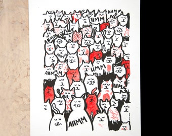 Illustration de chats risoprint fait à la main, impression de dessin de chat, cadeau pour fan de chat, affiche animale de chats, art mural pour femme