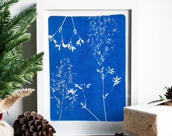 Botanical risoprint of a cyanotype, handmade art for her, blue riso print of plants, birthday gift for mom, modern wall decor in home office