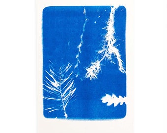 Imprimé riso botanique par cyanotype, art fait main pour elle, imprimé riso bleu pour fan de plantes, cadeau d'anniversaire maman, imprimés nature