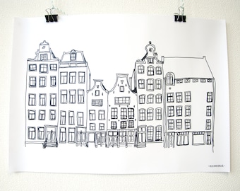 Amsterdam poster of canal houses illustration, canals print wall art, birthday gift black white drawing for her, line drawing interior decor