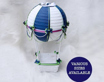 Hot Air Balloon Centerpiece Navy Blue, Green and White, Up Up and Away Baby Shower, Travel Birthday Decorations, Bridal Shower Gift