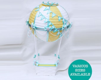 Hot Air Balloon Centerpiece Yellow, White and Teal, Up Up and Away Birthday, Baby Shower Decorations, Baby Shower Gift