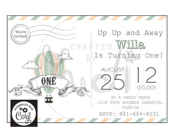 Hot Air Balloon Postcard Invitation 4x6, Up Up and away Invitation, Hot Air Balloon Invite