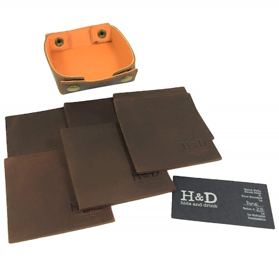 Handmade Bourbon Brown Hide /& Drink Durable Thick Leather Coasters 6-Pack
