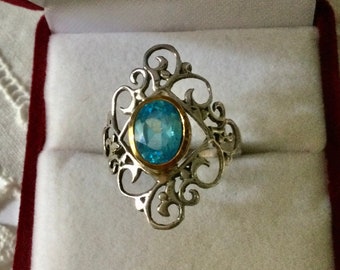 Marquise Genuine Blue TOPAZ Gold Sterling Ring- Unique Vintage Design Original and Elegant - Topaz - Gold & Sterling Silver -from France