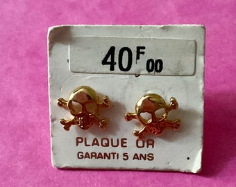 SKULL FRANCE GoLD Plated VINTAGE Earrings - Original Vintage Jewelry - Guarantee 5 Years - Gold plated Earrings - from France