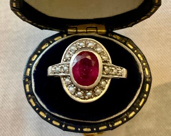 Victorian RUBY SEED Pearl Sterling Vintage Ring - Design Ring - Genuine pearl - Genuine Ruby & Seed Pearl - Jewelry from France