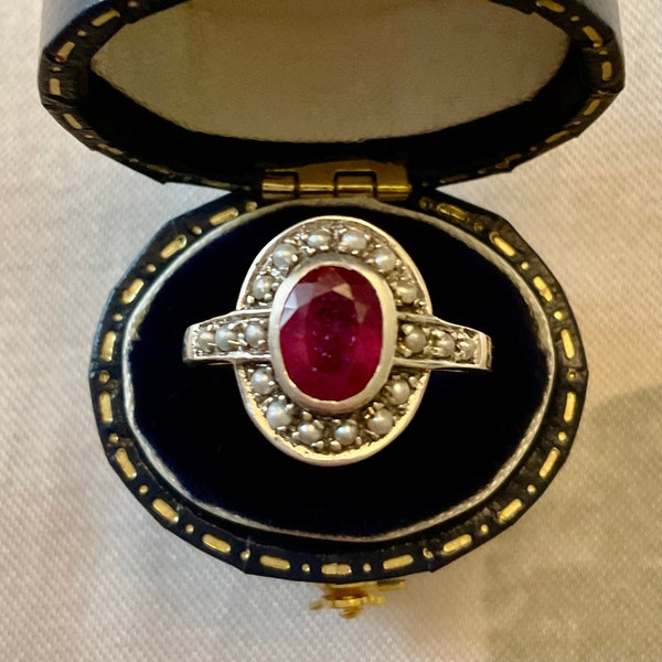 Exceptional Vintage RUBY  SEED Pearl Sterling Ring - Sublime Design Ring - Genuine pearl - Genuine Ruby & Seed Pearl - Jewelry from France