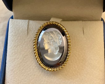 Art Deco c1970 CAMEO HEMATITE GLASS GoLD Plated Brooch - Splendid Woman Profile -  Hand Crafted - Genuine Material -  from France