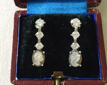 Vintage Genuine CARVED CAMEO White TOPAZ Sterling Earrings - Sublime genuine Cameo - Mother of pearl - Sparkly White Topaz - from France