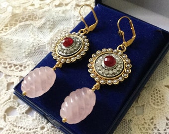 Carved Rose QUARTZ GOLD Plated Earring - Gold Plated -Great Vintage earrings -Carved Quartz red /white Sparkly Stones from France
