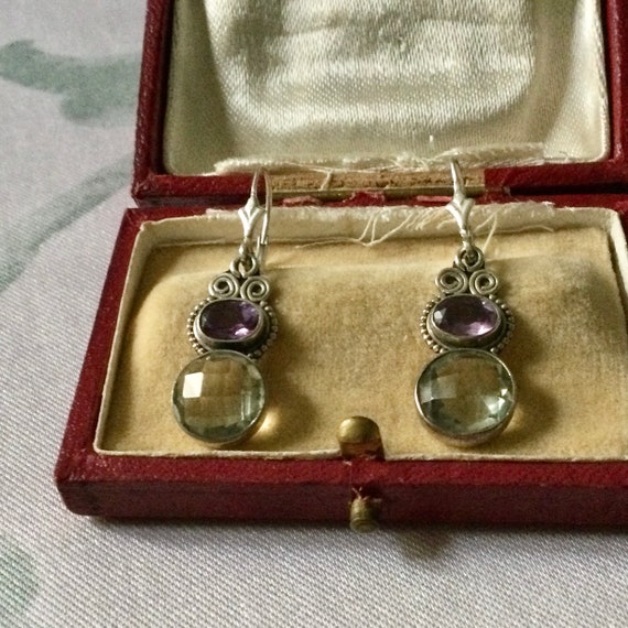 Vintage NATURAL TOPAZ AMETHYST Sterling Earrings … - image 3