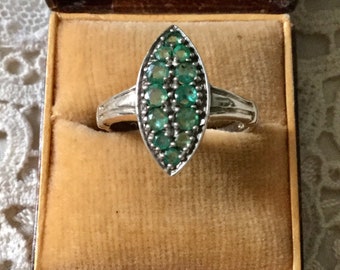 GENUINE EMERALD STERLING Marquise Vintage Ring - Elegant Design - Colombian Emerald - Sterling Silver- Victorian From France