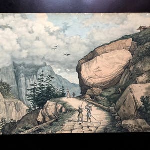19th Extraordinary French AQUARELLE SIGNED Martin Mountain landscape with 4 characters French painter Art From France image 1