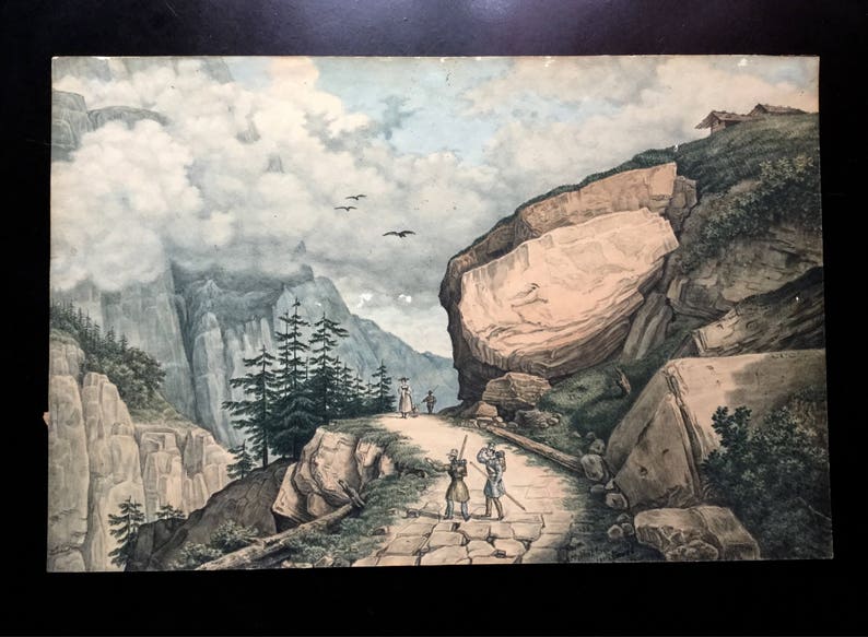 19th Extraordinary French AQUARELLE SIGNED Martin Mountain landscape with 4 characters French painter Art From France image 1