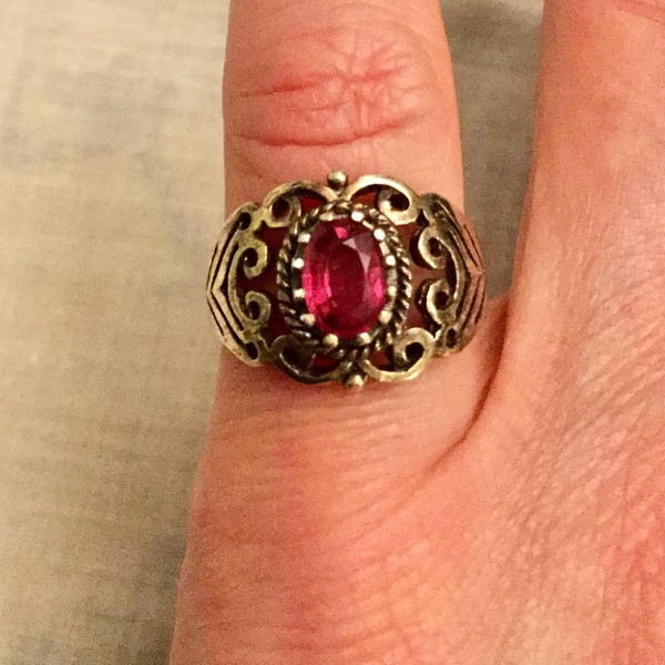 Vintage NATURAL PINK TOURMALINE Carved Sterling Large Ring- Hermoso Anillo de turmalina Art Deco - Luxury Vintage de Francia