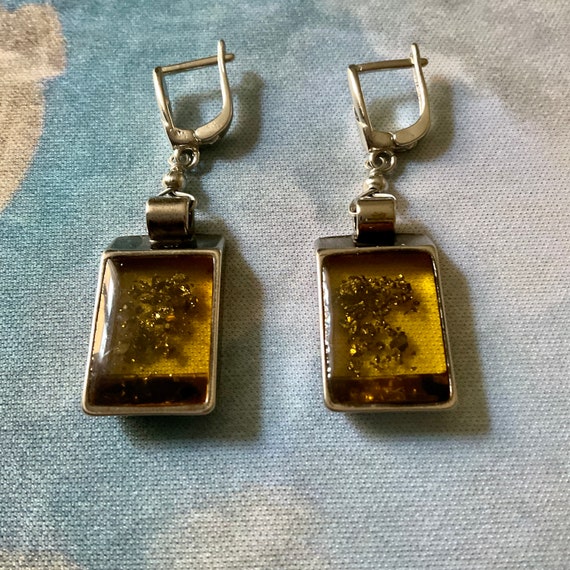 Boucles D'oreilles Pendantes Vintage En Lucite Inclusion - Plaqué Or, Clips - Années 60/70