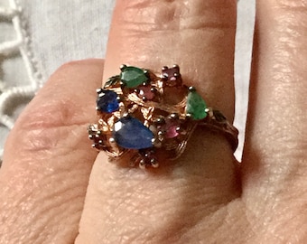 SAPPHIRE EMERALD RUBY Rose Gold/Sterling Vintage Ring- Vermeil Gold/Sterling Silver - Genuine Stones - Size 53/Us Size 6 1/4 - from France