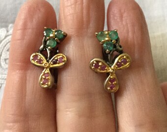 Colombian EMERALD RUBY Gold & Sterling Vintage Earrings - Trefle Porte Chance- Sterling silver - Nice Vintage Design - Earrings from France