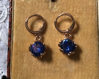 ART DÉCO BLUE Sapphire Vintage Earrings- Rose gold Plated- Carved Nice Design- Luxury Jewel - Blue stone- from France