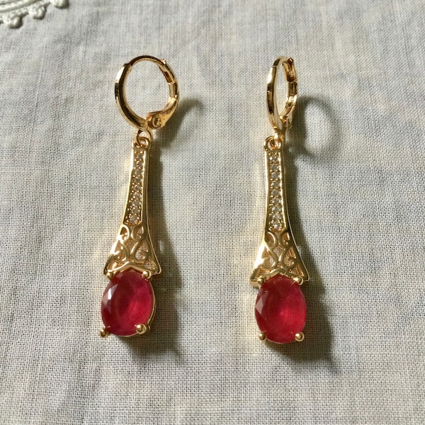 Vintage GOLD Plated RUBY TOPAZ Long Earrings - Sparkly Red Stones & White Topaz - Gold Plated - Beautiful Jewelry - from France