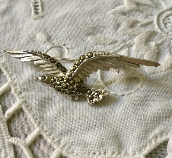 ART DECO BIRD Marcasite Silver Plated Brooch - Ge… - image 2