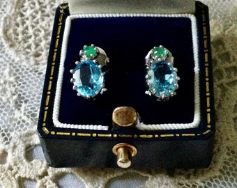 Natural Blue TOPAZ EMERALD White GOLD/Sterling Luxury Vintage Earring - Genuine Natural Stone - White Gold & Sterling Silver - from France