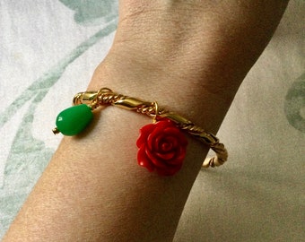 FRANCE 2 CHARMS Rose & JADE Beautiful Gold Plated Bracelet - Vintage Paris Jewelry - Elegant Design - Gold Plated - Bangle from France